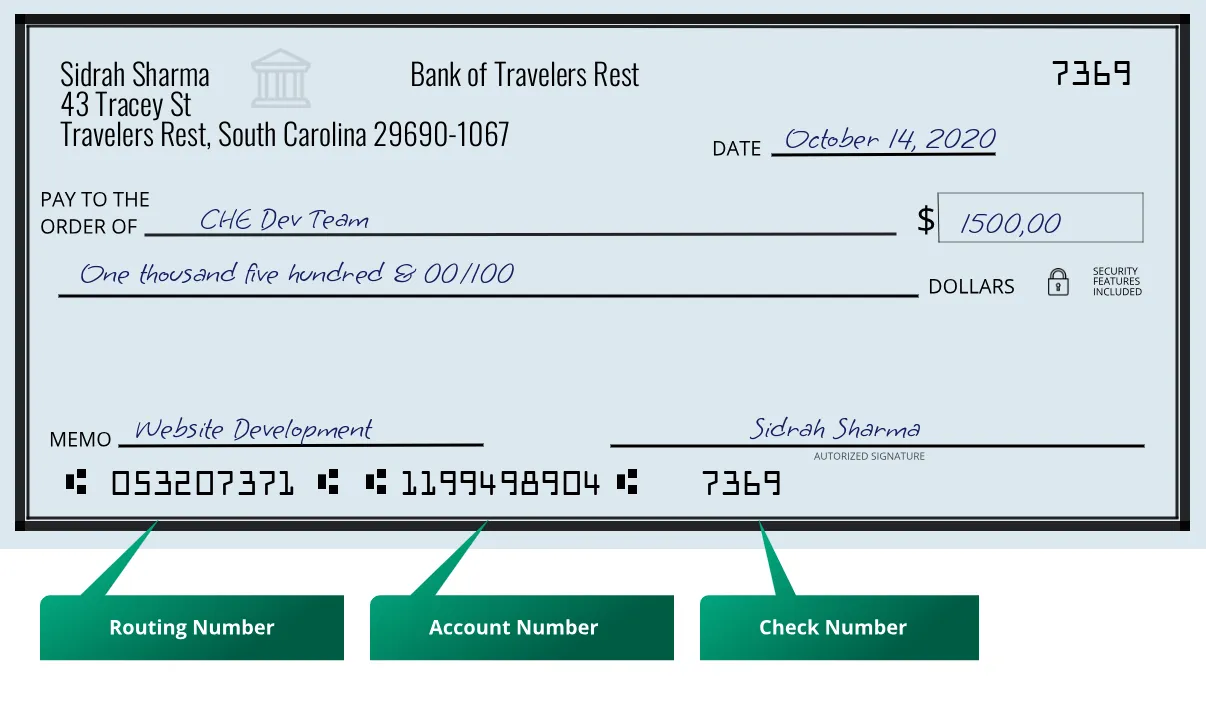 Where to find Bank of Travelers Rest routing number on a paper check?