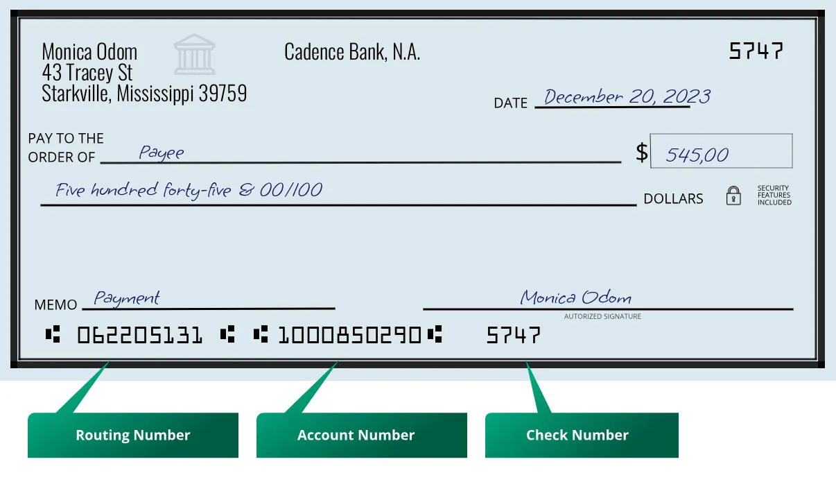 Where to find Cadence Bank, N.A. routing number on a paper check?