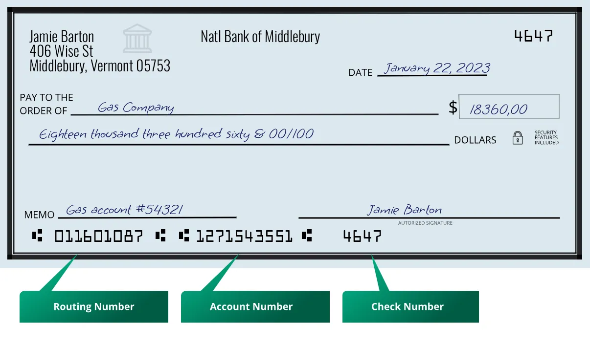 Where to find Natl Bank of Middlebury routing number on a paper check?