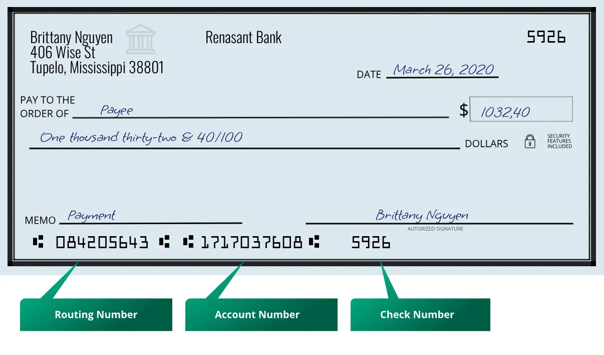 Where to find Renasant Bank routing number on a paper check?