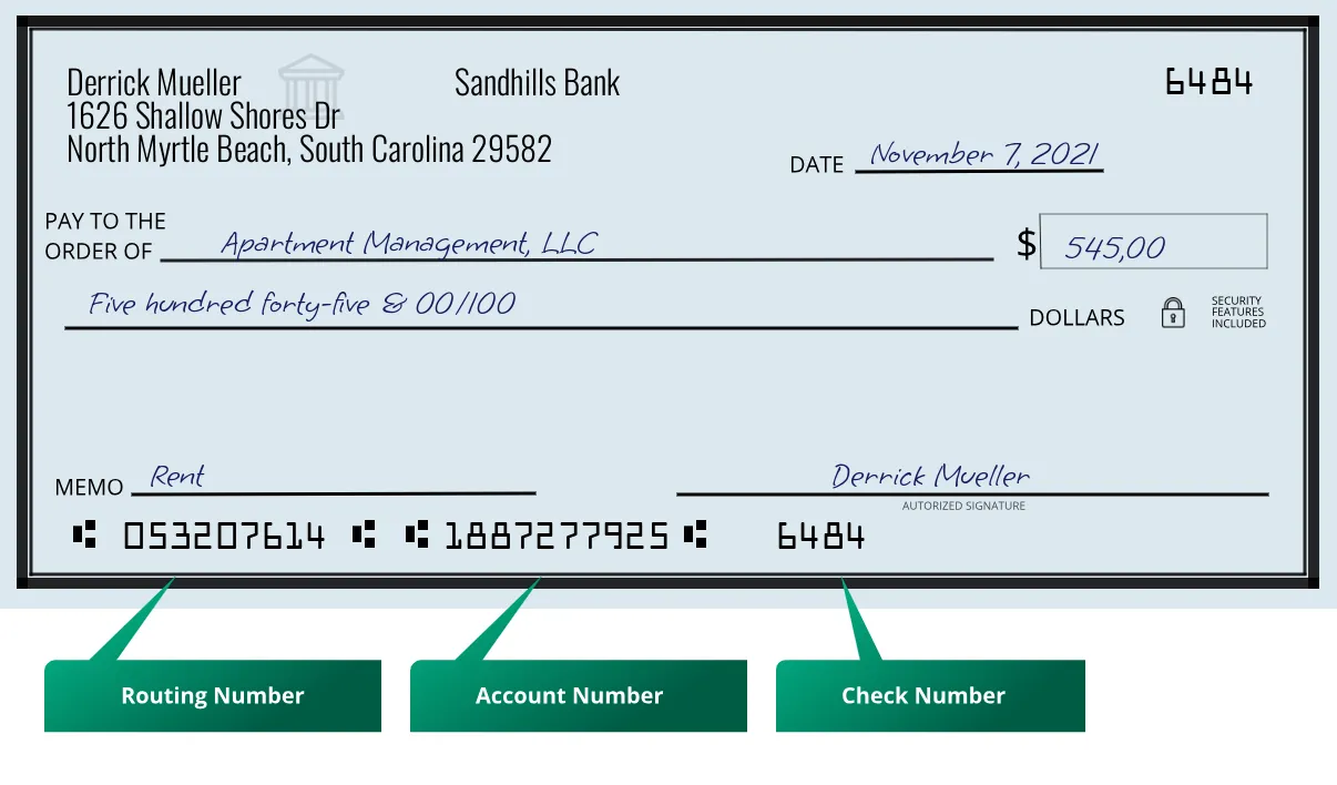 Where to find Sandhills Bank routing number on a paper check?
