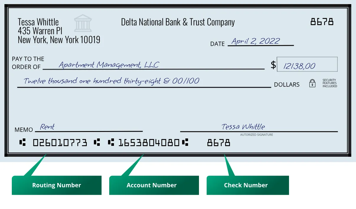 026010773 routing number Delta National Bank & Trust Company New York