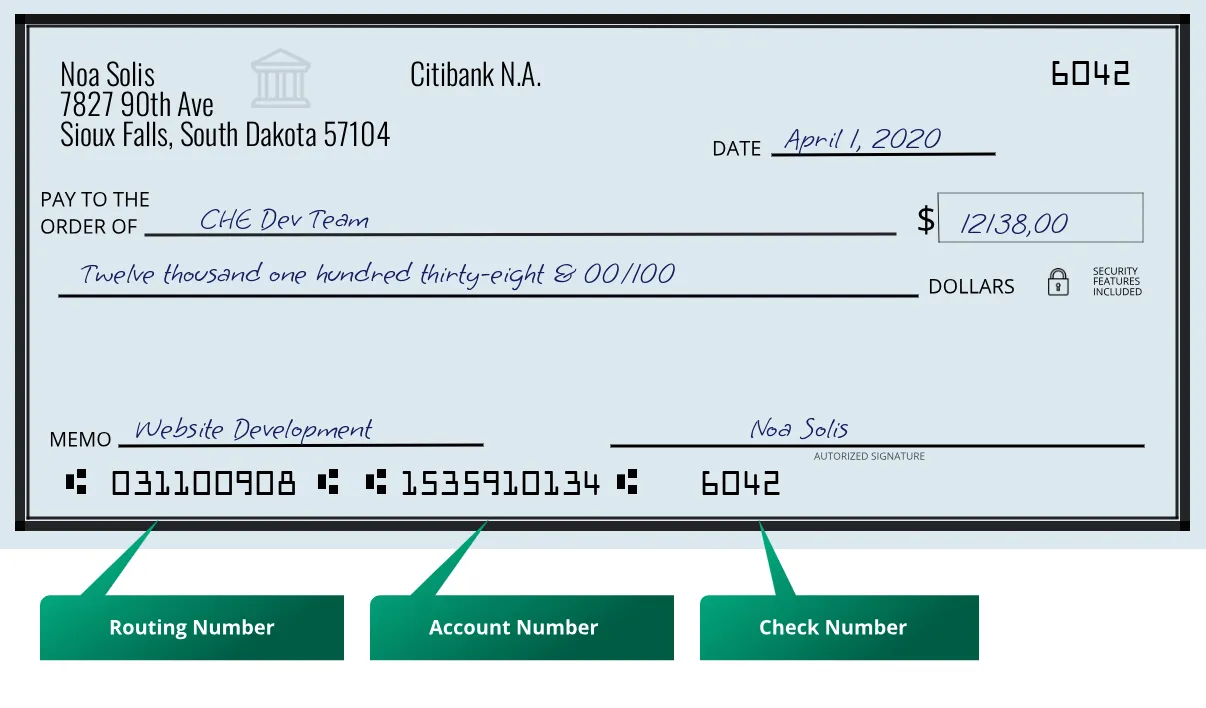 031100908 routing number Citibank N.a. Sioux Falls