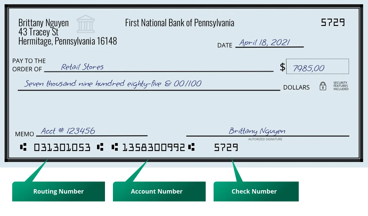 031301053 routing number First National Bank Of Pennsylvania Hermitage