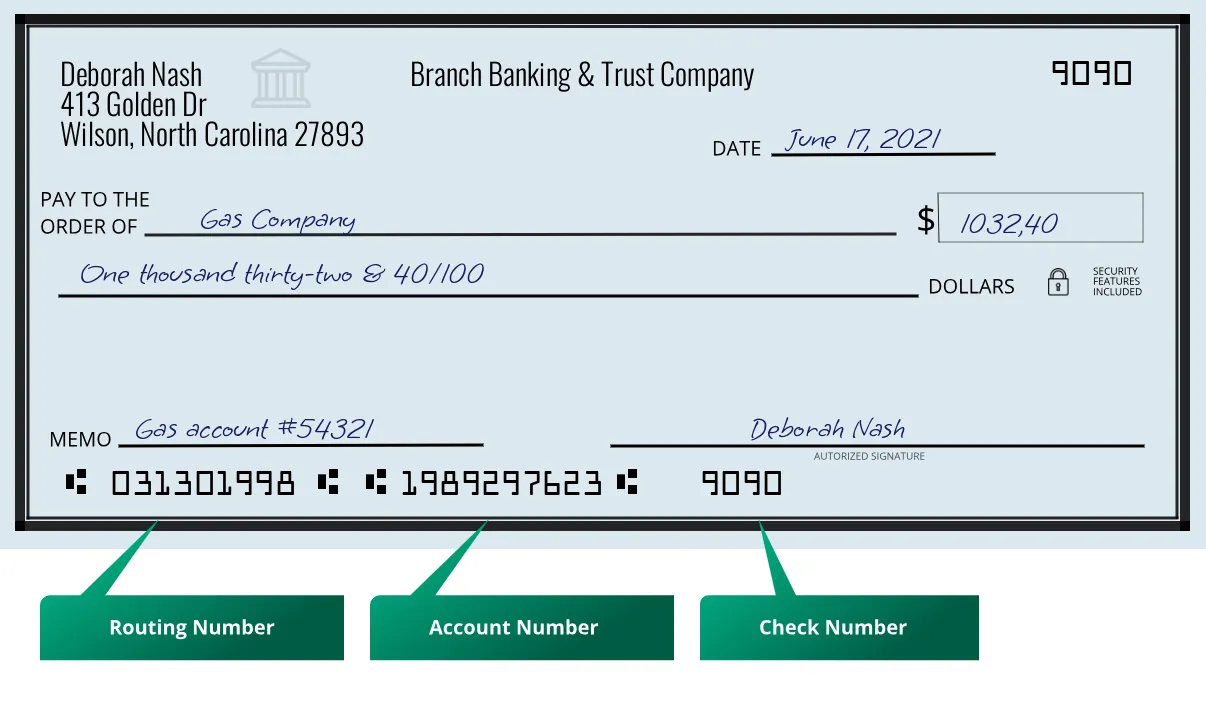 031301998 routing number Branch Banking & Trust Company Wilson