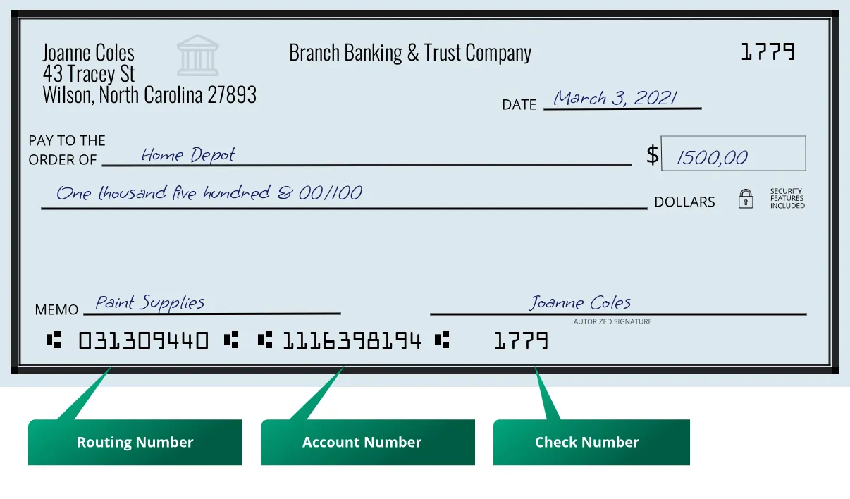 031309440 routing number Branch Banking & Trust Company Wilson