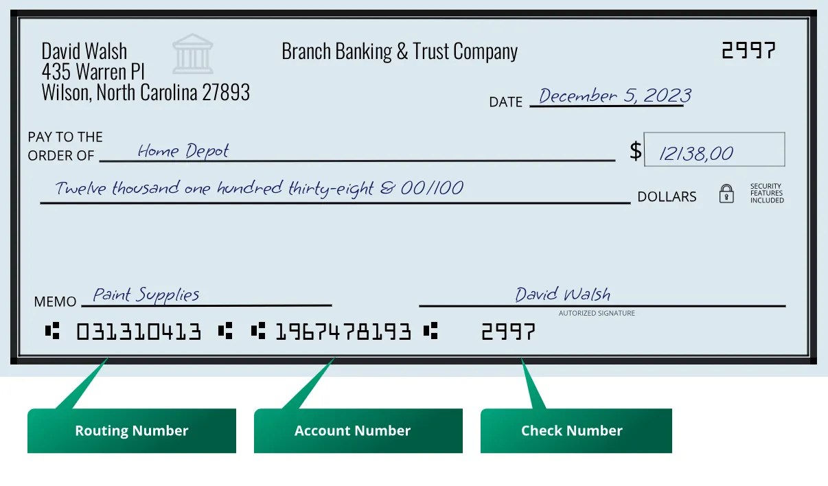031310413 routing number Branch Banking & Trust Company Wilson
