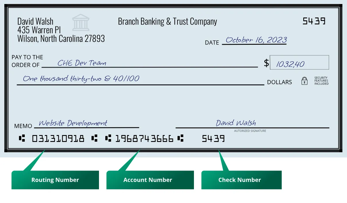 031310918 routing number Branch Banking & Trust Company Wilson