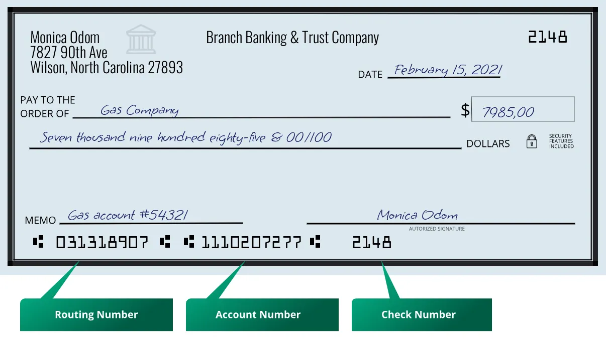 031318907 routing number Branch Banking & Trust Company Wilson