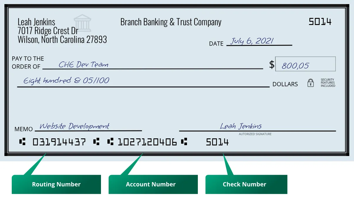 031914437 routing number Branch Banking & Trust Company Wilson