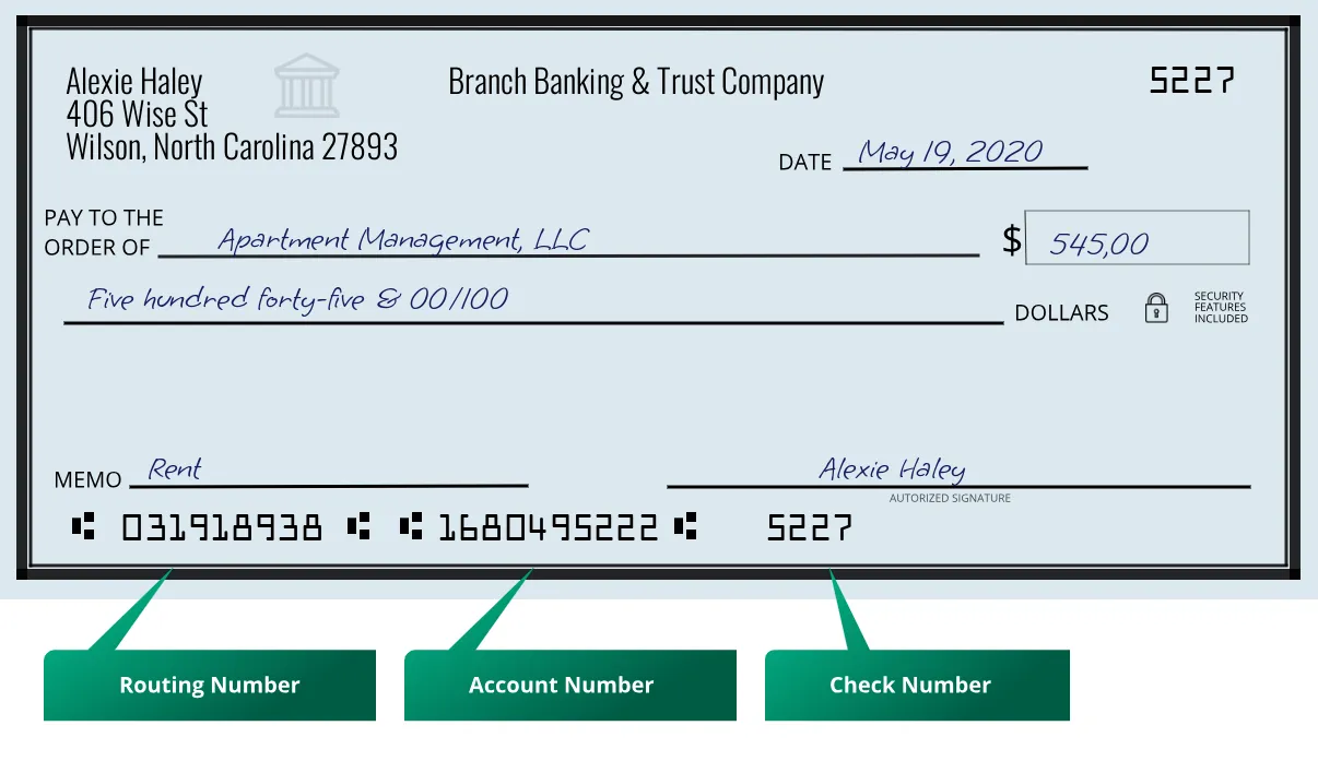 031918938 routing number Branch Banking & Trust Company Wilson