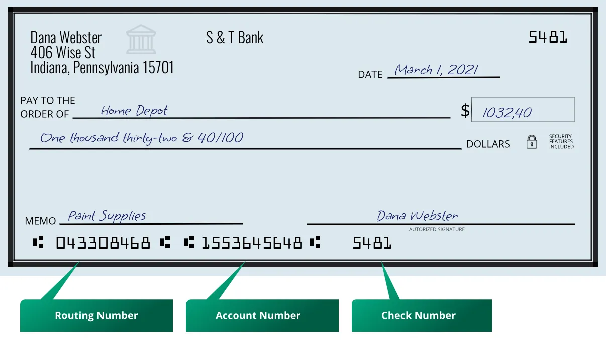 043308468 routing number S & T Bank Indiana