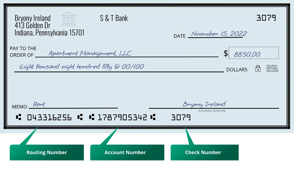 043316256 routing number S & T Bank Indiana