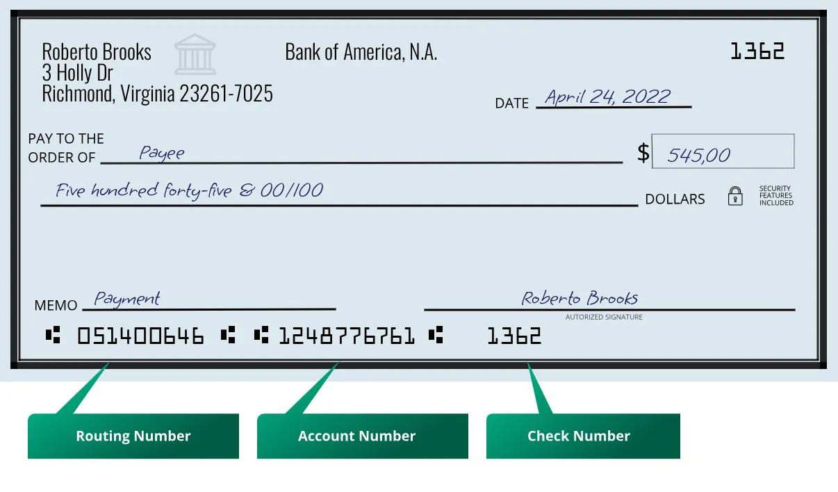 051400646 routing number Bank Of America, N.a. Richmond