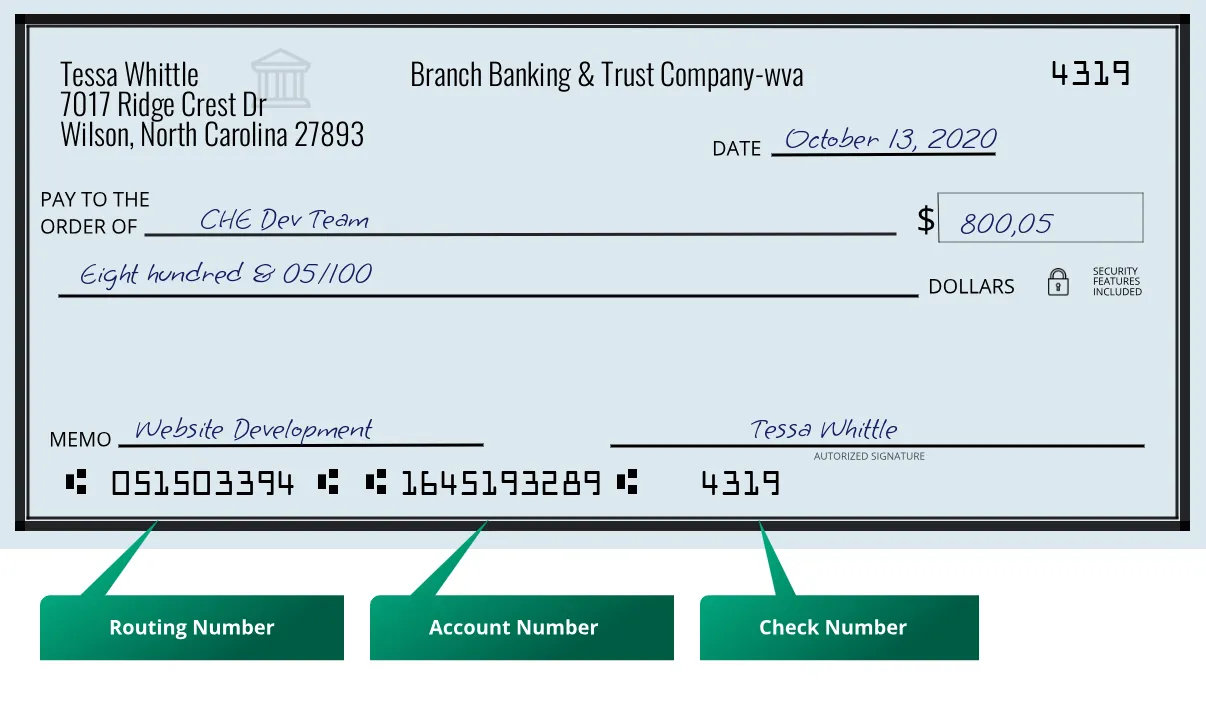 051503394 routing number Branch Banking & Trust Company-Wva Wilson