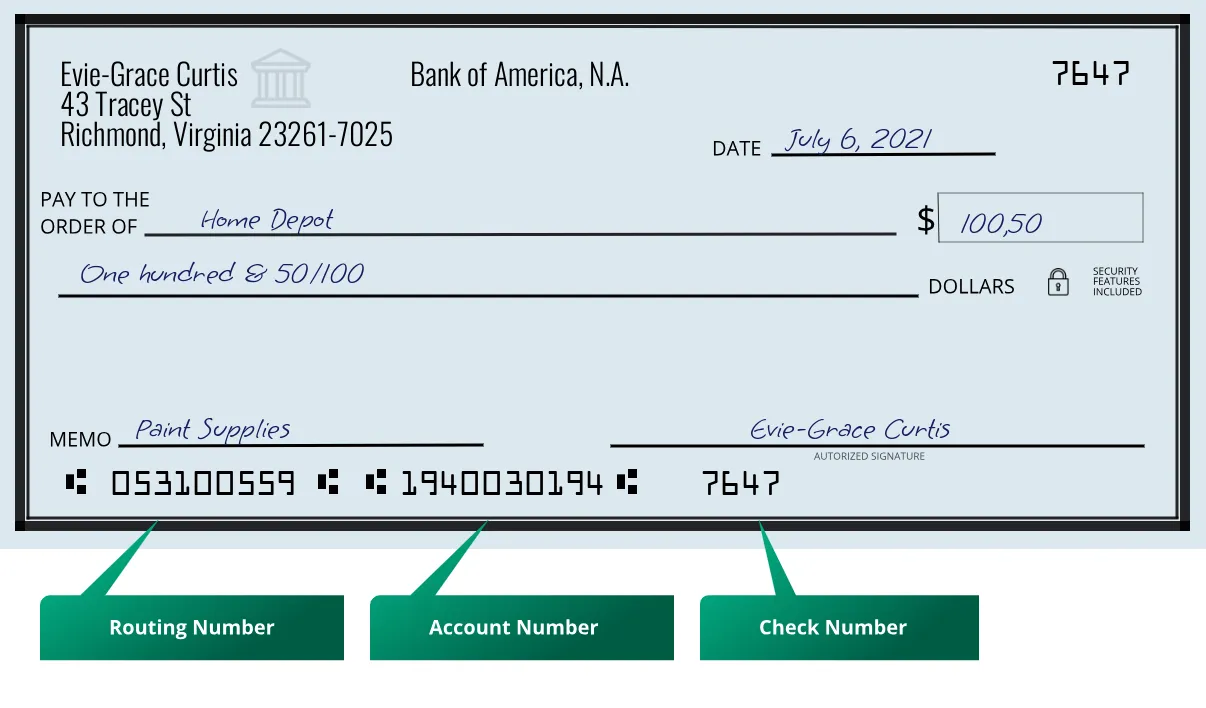 053100559 routing number Bank Of America, N.a. Richmond