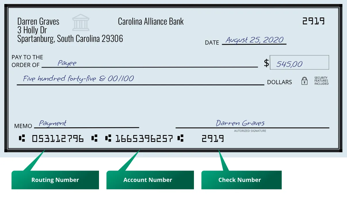 053112796 routing number Carolina Alliance Bank Spartanburg