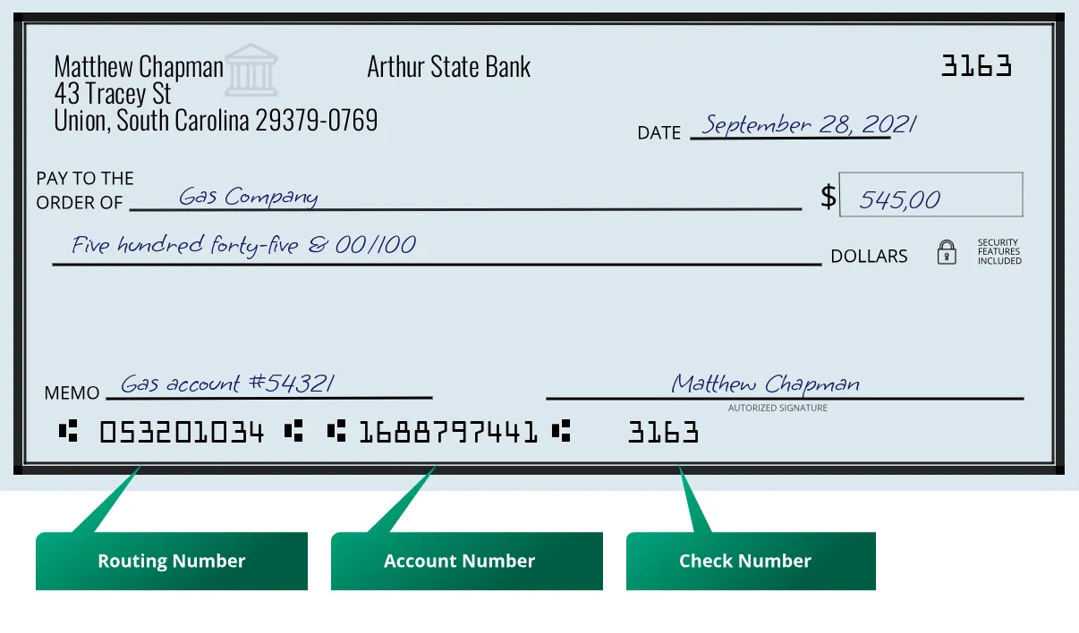 053201034 routing number Arthur State Bank Union