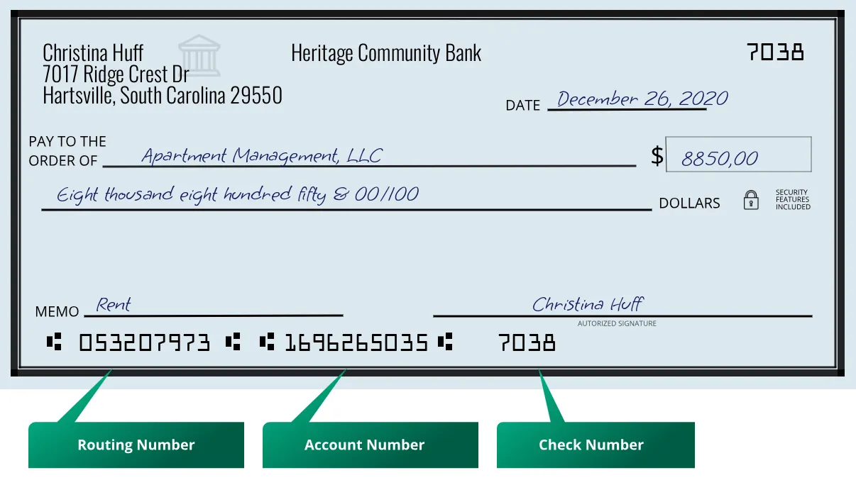 053207973 routing number Heritage Community Bank Hartsville