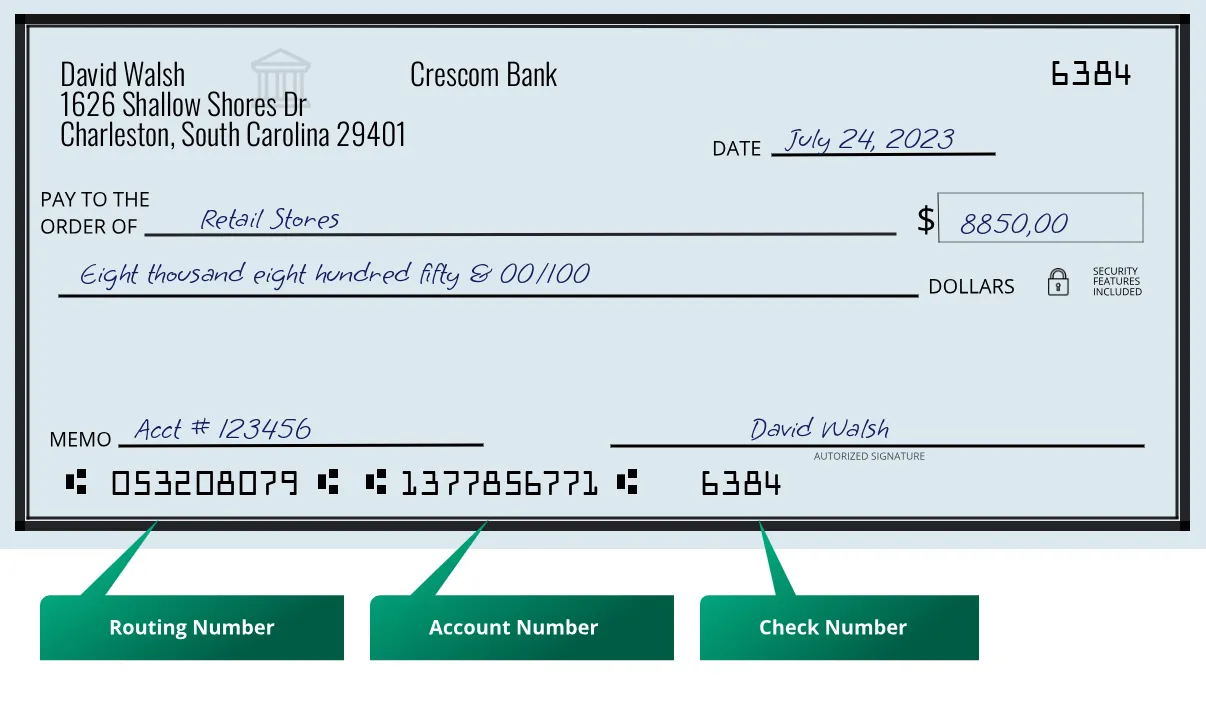 053208079 routing number Crescom Bank Charleston