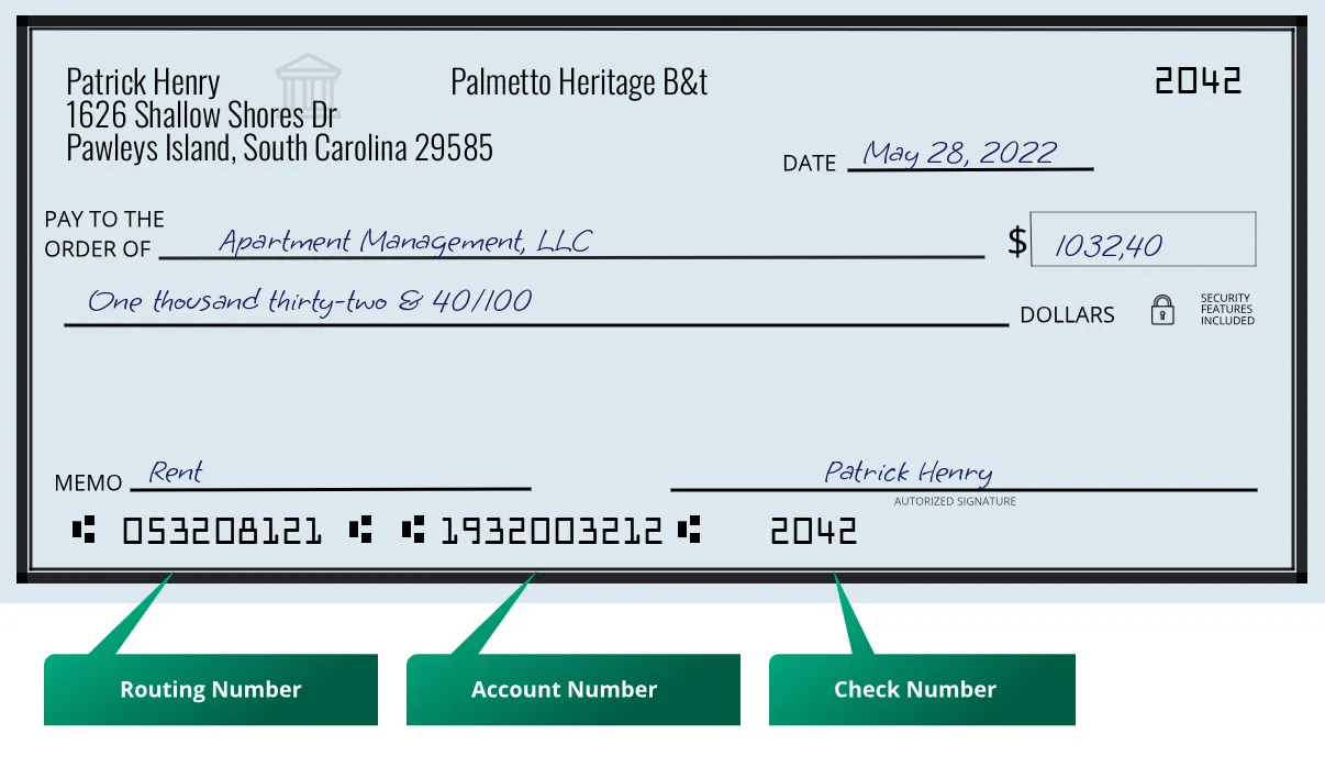 053208121 routing number Palmetto Heritage B&t Pawleys Island