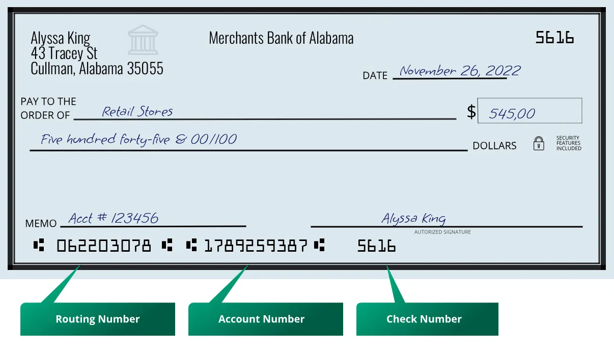 062203078 routing number Merchants Bank Of Alabama Cullman