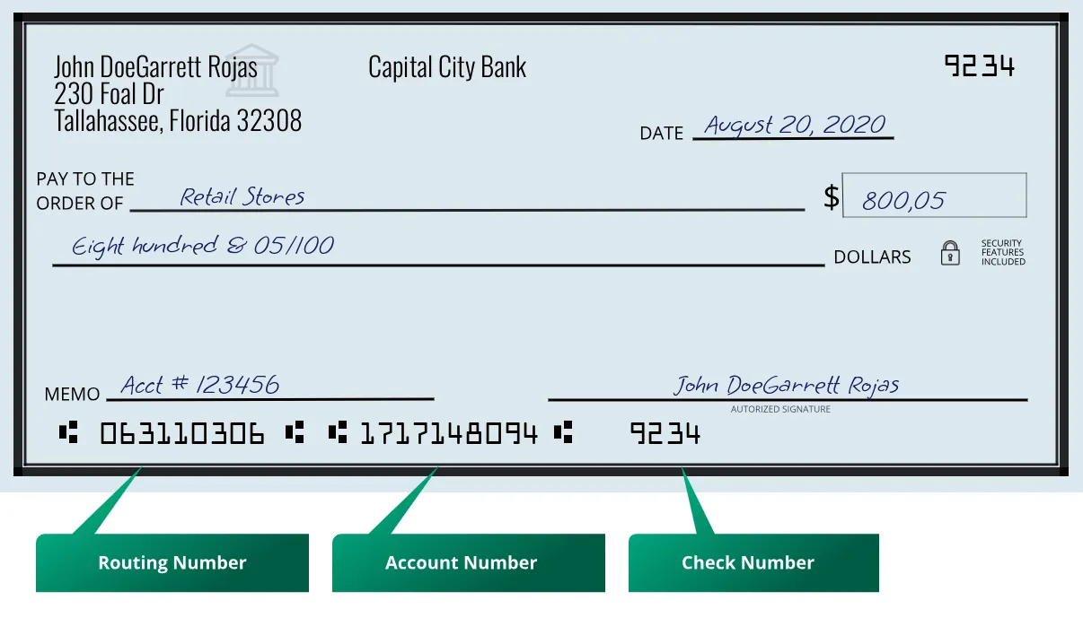 063110306 routing number Capital City Bank Tallahassee