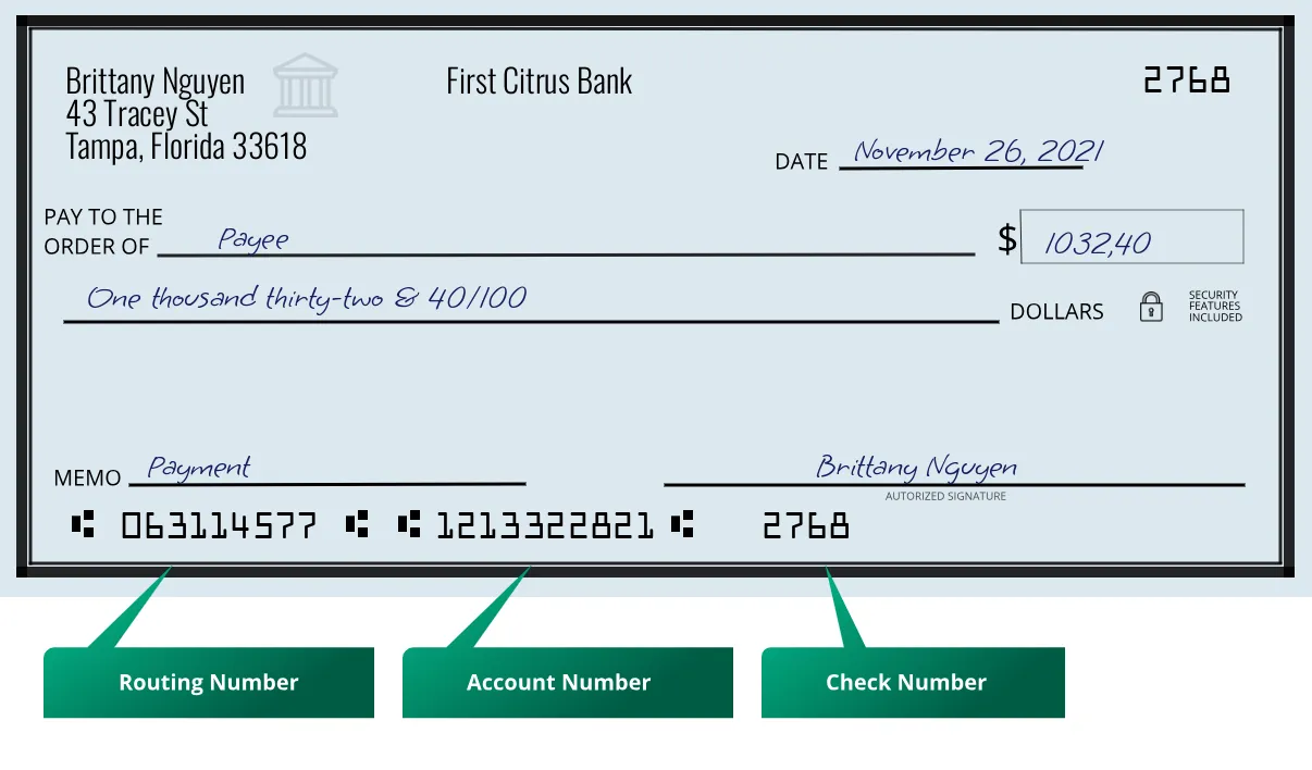 063114577 routing number First Citrus Bank Tampa