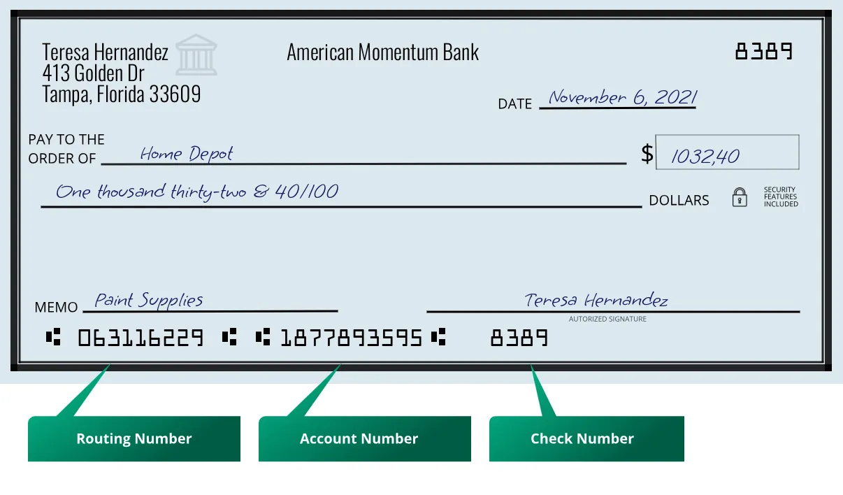 063116229 routing number American Momentum Bank Tampa