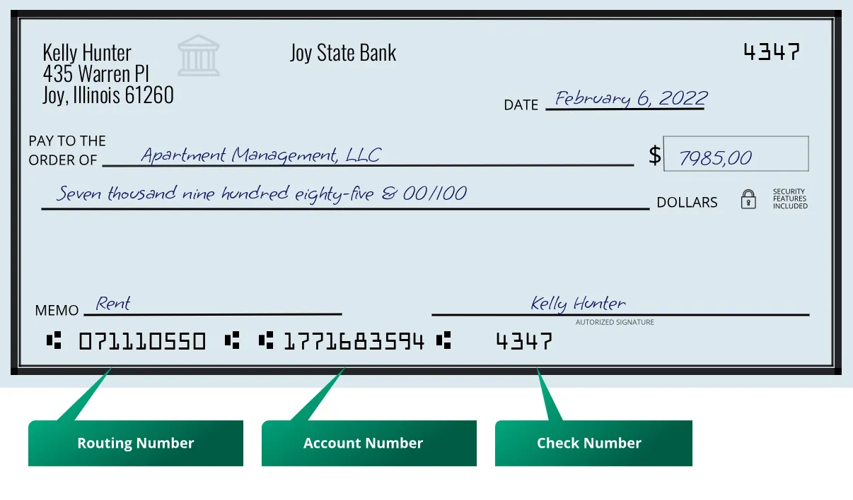 071110550 routing number Joy State Bank Joy