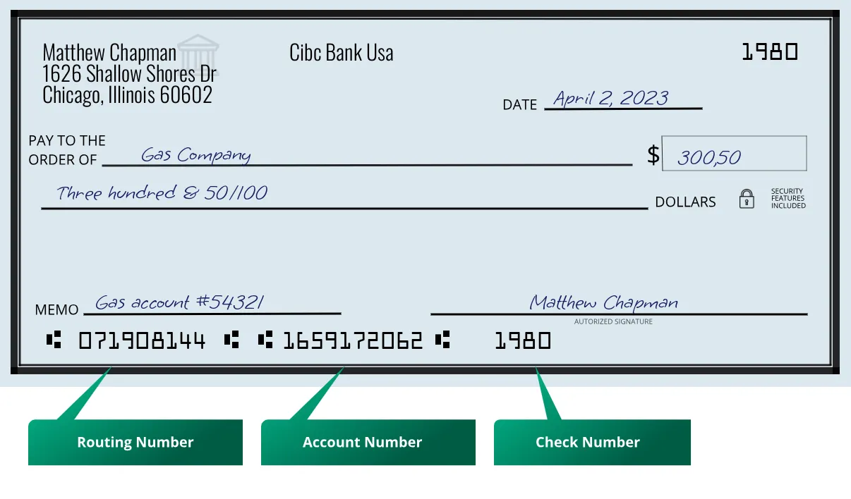 071908144 routing number Cibc Bank Usa Chicago
