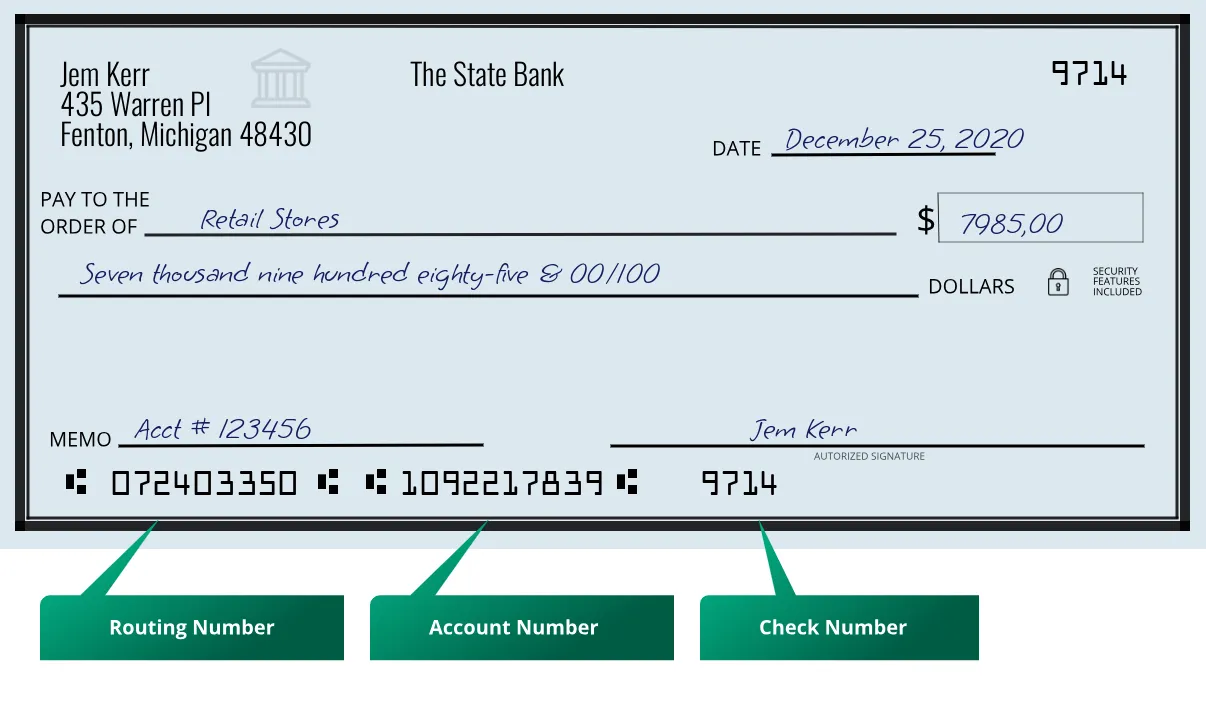 072403350 routing number The State Bank Fenton