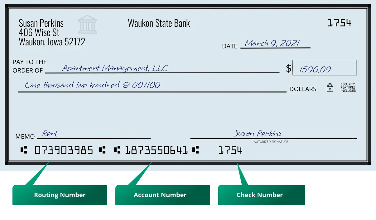 073903985 routing number Waukon State Bank Waukon