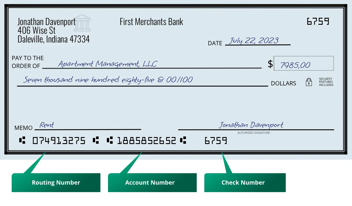 074913275 routing number First Merchants Bank Daleville