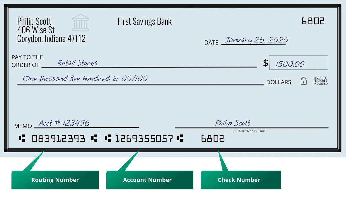 083912393 routing number First Savings Bank Corydon
