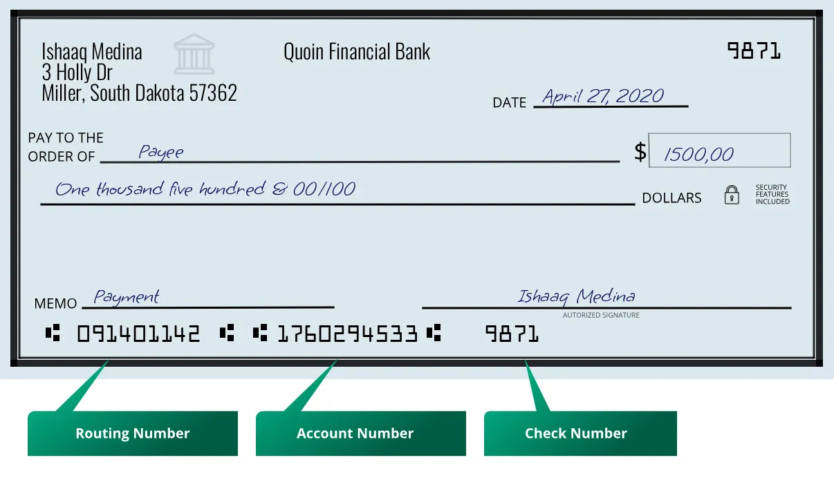 091401142 routing number Quoin Financial Bank Miller