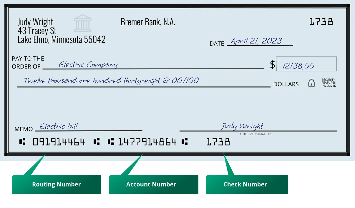 091914464 routing number Bremer Bank, N.a. Lake Elmo