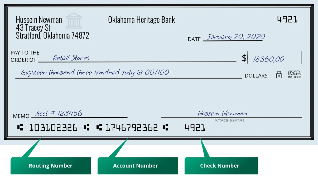 103102326 routing number Oklahoma Heritage Bank Stratford
