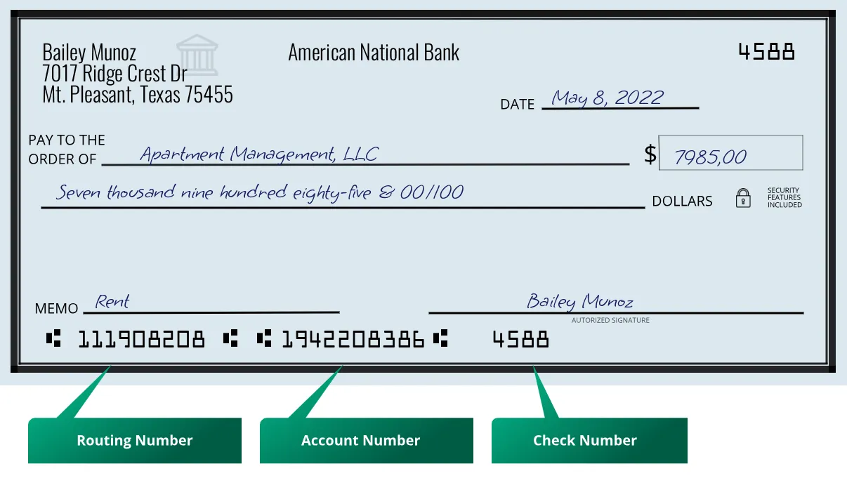 111908208 routing number American National Bank Mt. Pleasant