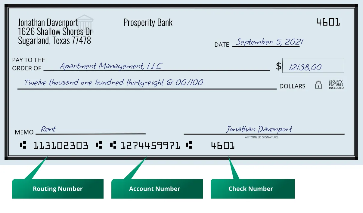 113102303 routing number Prosperity Bank Sugarland
