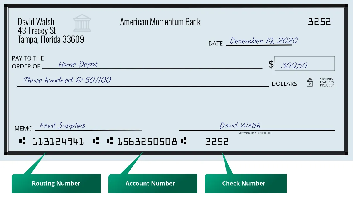 113124941 routing number American Momentum Bank Tampa