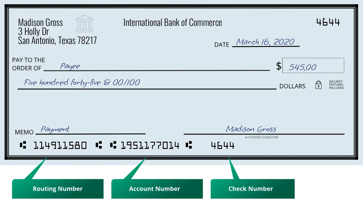 114911580 routing number International Bank Of Commerce San Antonio