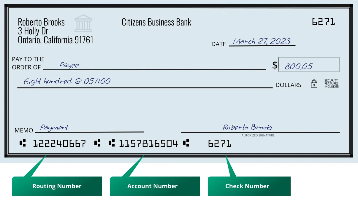 122240667 routing number Citizens Business Bank Ontario