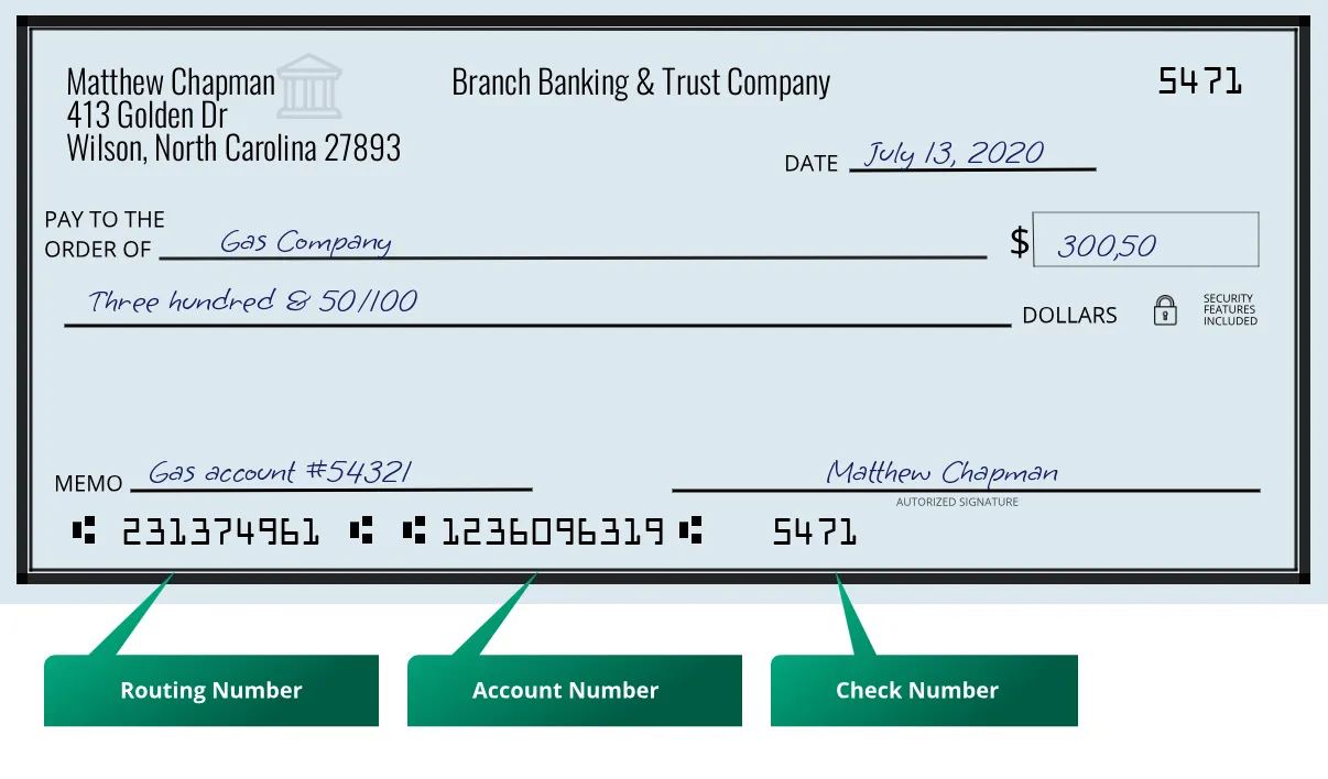 231374961 routing number Branch Banking & Trust Company Wilson