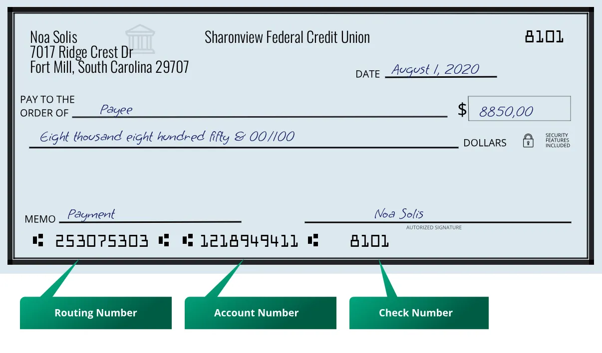 253075303 routing number Sharonview Federal Credit Union Fort Mill