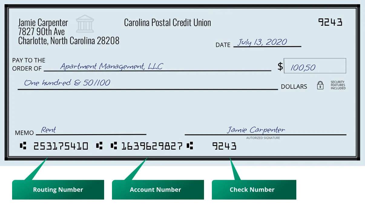 253175410 routing number Carolina Postal Credit Union Charlotte