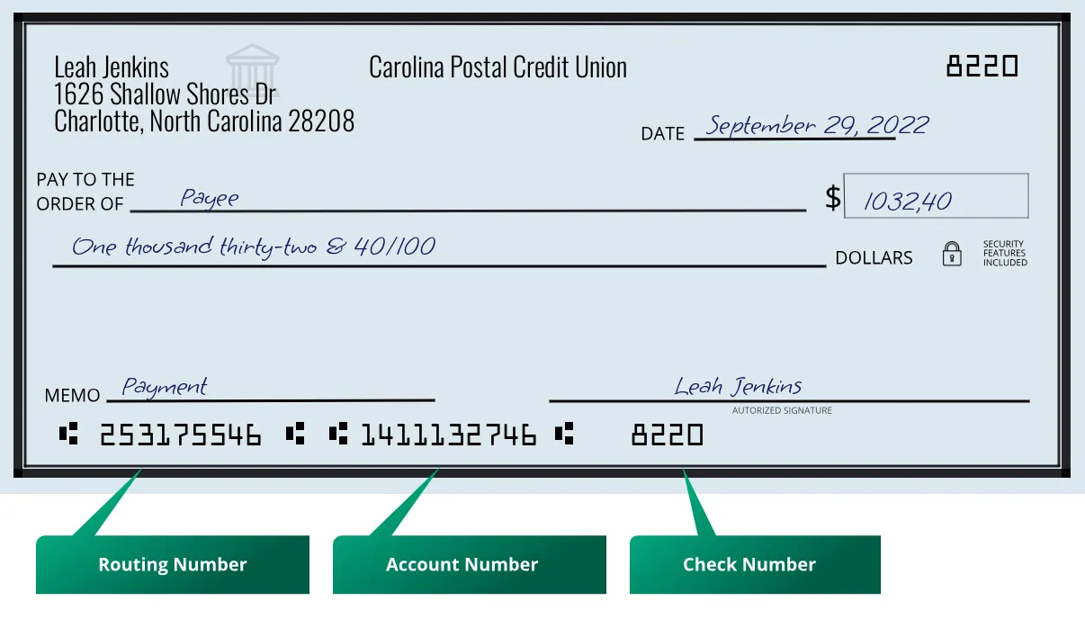 253175546 routing number Carolina Postal Credit Union Charlotte