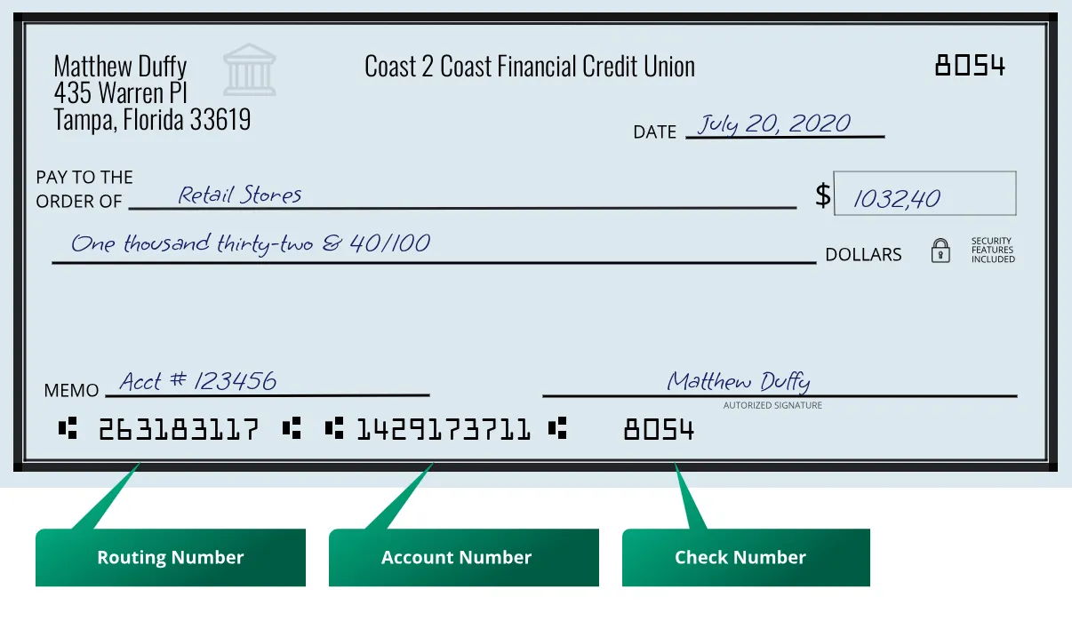263183117 routing number Coast 2 Coast Financial Credit Union Tampa