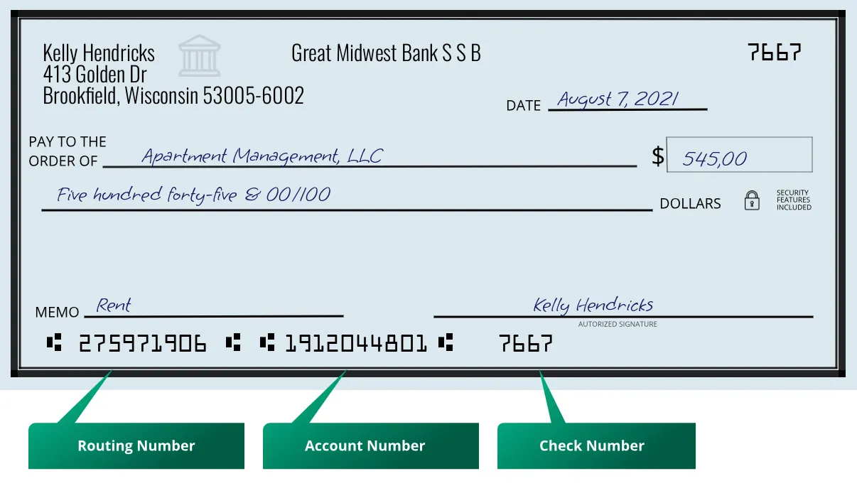 275971906 routing number Great Midwest Bank S S B Brookfield