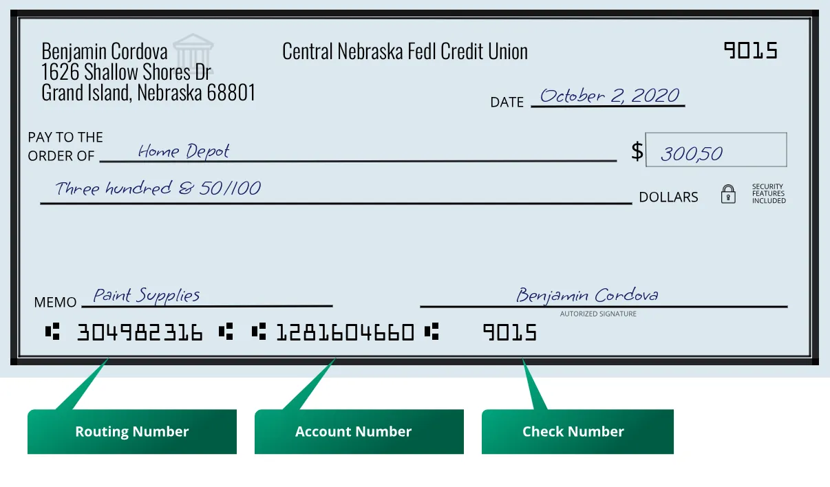 304982316 routing number Central Nebraska Fedl Credit Union Grand Island